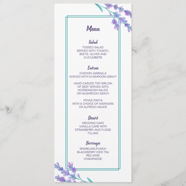 Lavender Watercolor Floral Wedding Card Menükarte (Vorderseite)