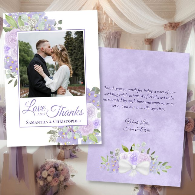 Lavender Watercolor Foto & Note Wedding Dankeskarte (Front/Back)