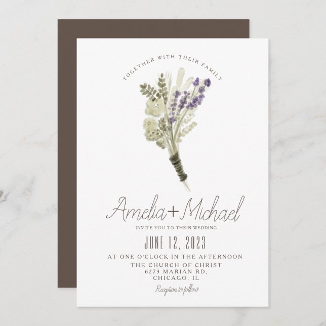 Lavender Watercolor Ökologisch Rustikale Hochzeit Einladung (Vorne/Hinten)