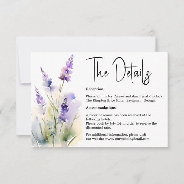 Lavender Watercolor Wedding Details Karte (Vorderseite)