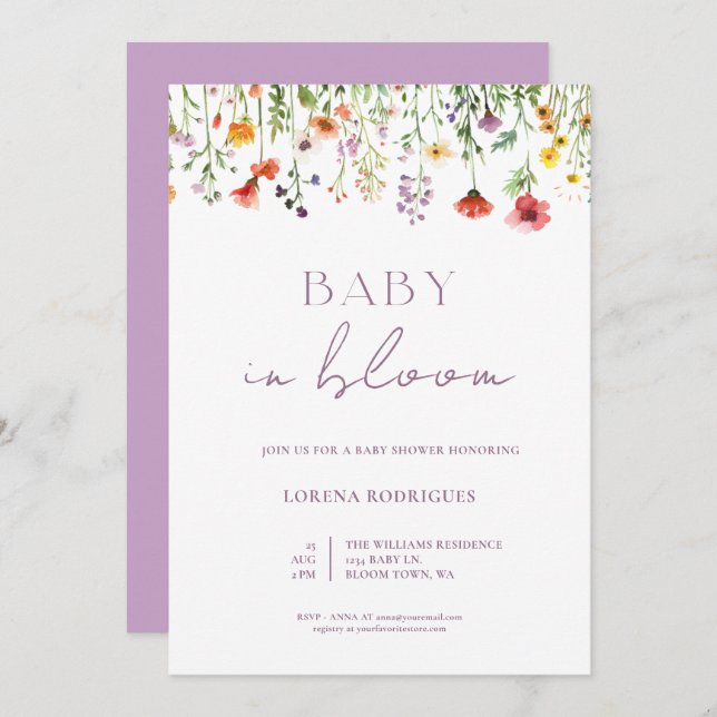 Lavender Watercolor Wildblume Baby in Bloom Einladung (Vorne/Hinten)