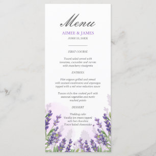 Lavender Wedding Menu Elegante Lila Blumenstrauß Menükarte