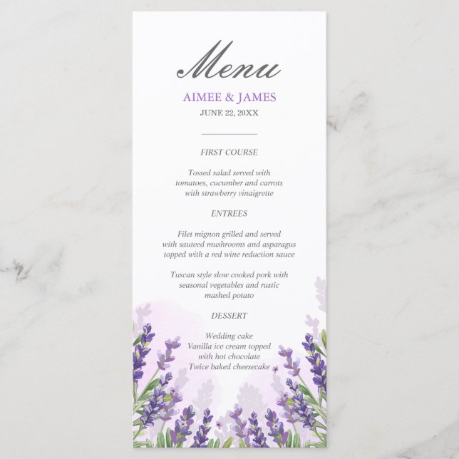 Lavender Wedding Menu Elegante Lila Blumenstrauß Menükarte (Vorderseite)
