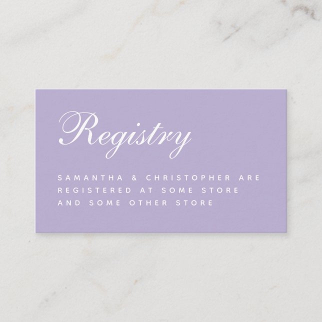 Lavender Wedding Registry Einfaches Skript Lila Begleitkarte (Vorderseite)