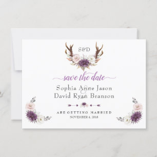 Lavender White Blush Floral Antlers Wedding Save The Date
