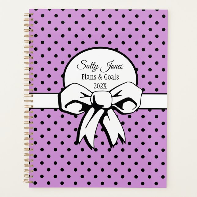 Lavender White Bow & Black Polka Dots Personalisie Planer (Vorderseite)