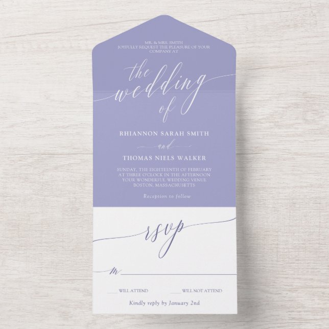 Lavender White Delicate Calligrafy Wedding All In One Einladung (Innen Boden)