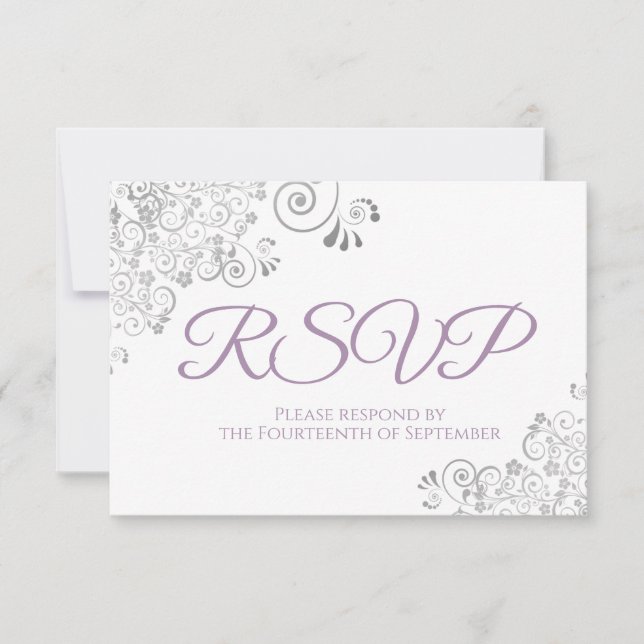 Lavender & White Elegante Silver Lace Wedding RSVP Karte (Vorderseite)