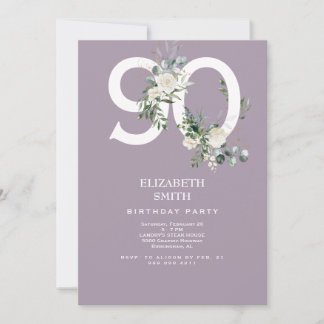 Lavender White Floral Elegant 90. Geburtstagsparty Einladung