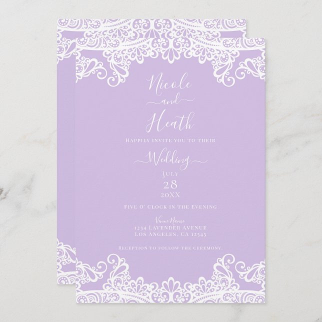 Lavender & White Lace Elegante Hochzeit Einladung (Vorne/Hinten)