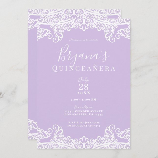 Lavender & White Lace Elegantes Quinceñera Party Einladung (Vorne/Hinten)