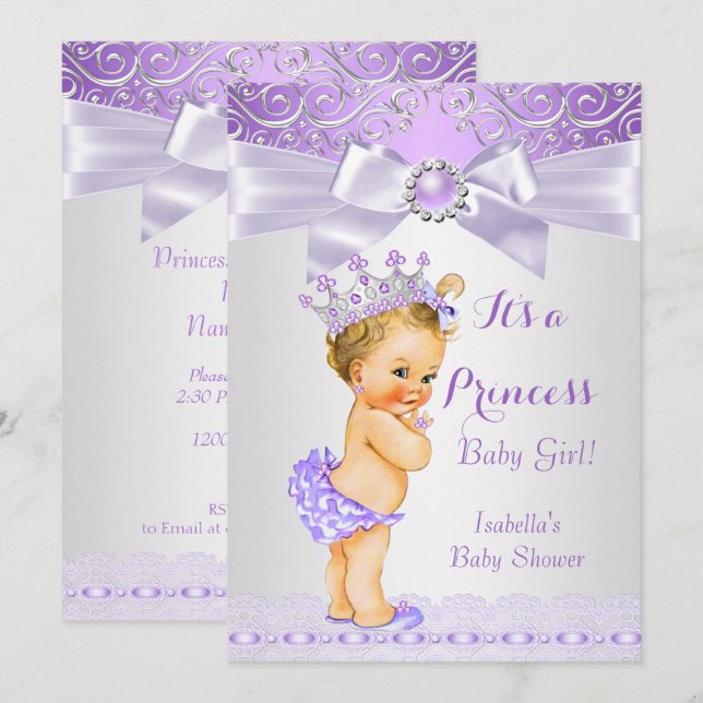 Lavender White Lilac Princess Baby Dusche Blonde Einladung (Vorne/Hinten)