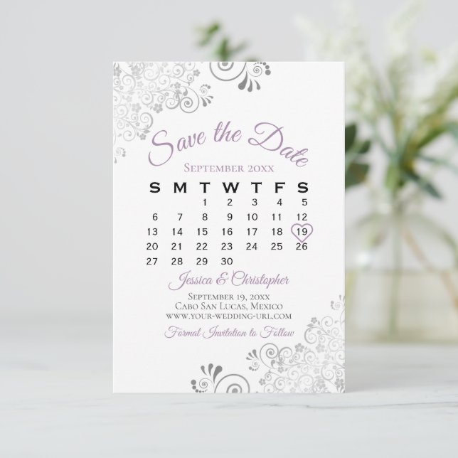 Lavender & White Simple Elegante Wedding Calendar Save The Date (Stehend Vorderseite)
