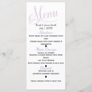 Lavender & White Simple Elegante Wedding Menu Card Menükarte