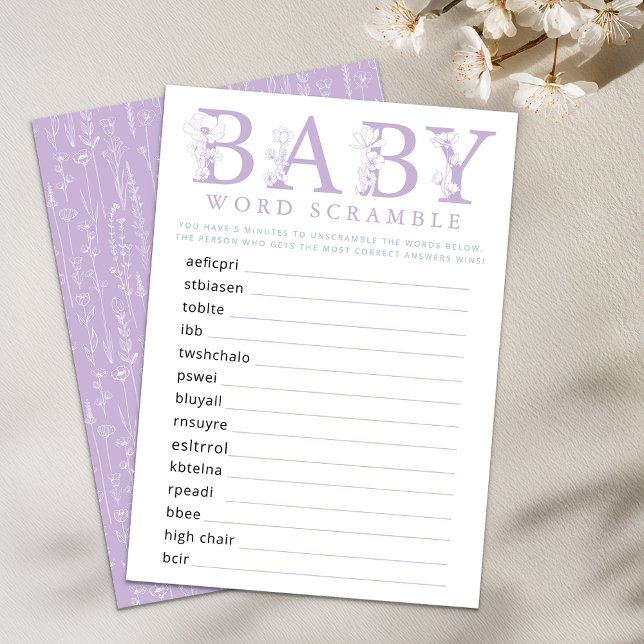 Lavender Wildflower Baby Shower Word Game Card Begleitkarte (Baby Shower Game - Lavender)