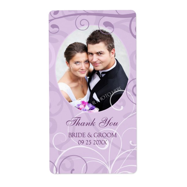 Lavender Wirbel Foto Wedding Labels (Vorne)
