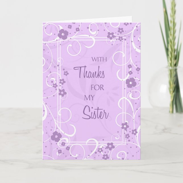 Lavender Wirbel Schwester Danke Bridesmaid Card (Vorderseite)