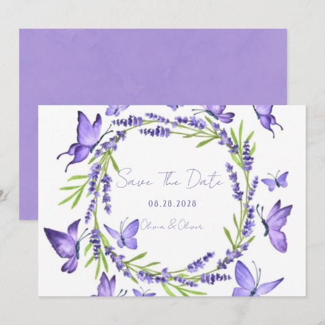 Lavender Wisteria & Butterfliegen Save the Date (Vorne/Hinten)