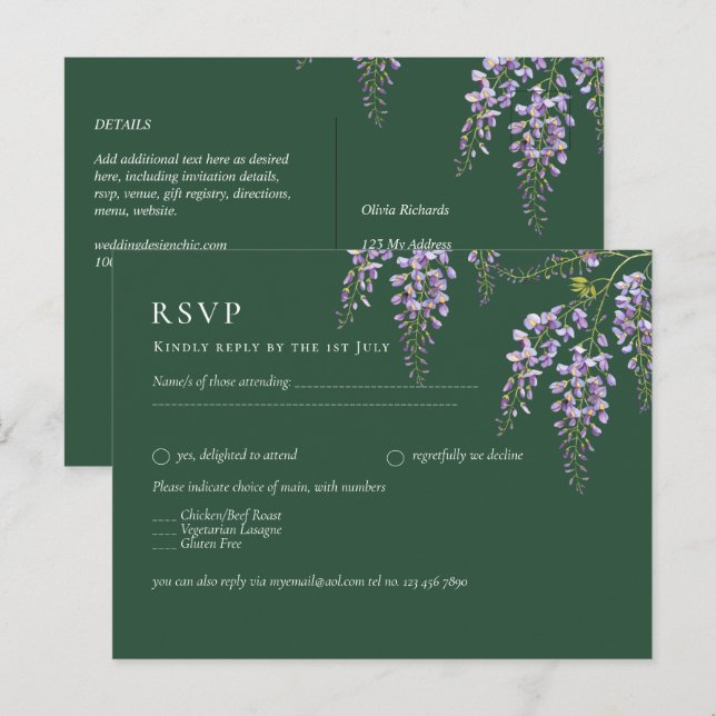 Lavender WISTERIA Emerald Green All-in-1 Wedding Postkarte (Vorne/Hinten)