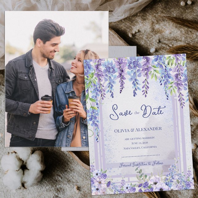 Lavender Wisteria Floral Arch Photo Save the Date  Ankündigungspostkarte (Lavender Wisteria Floral Arch Photo Save the Date | Romantic Purple Garden Wedding Announcement)