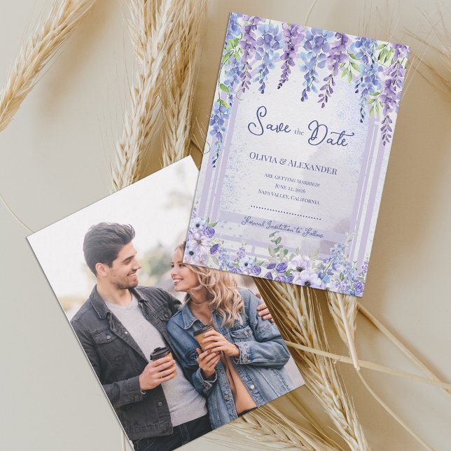 Lavender Wisteria Garden Romantic Photo Wedding Ankündigung (Lavender Wisteria Garden Photo Save the Date Card | Purple Floral Wedding Announcement)
