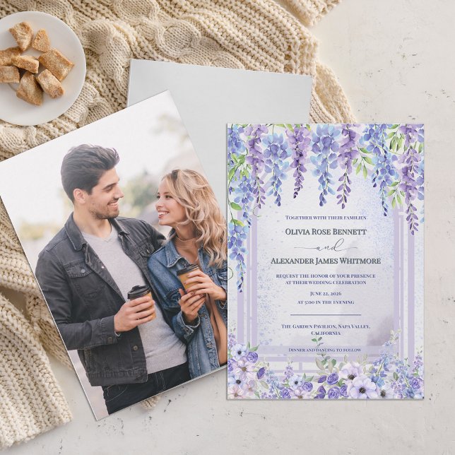 Lavender Wisteria Purple Floral Arch Photo Wedding Einladung (Lavender Wisteria Floral Arch Photo Wedding Invitation | Romantic Purple Garden Wedding Invite)