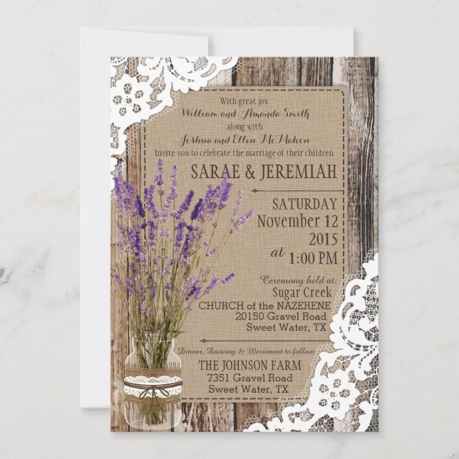 Lavender Wood Lace Rustic Wedding Einladung (Vorderseite)