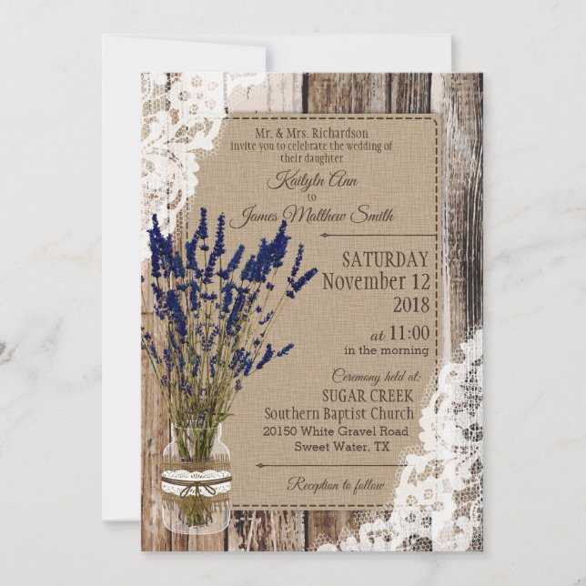 Lavender Wood Lace Rustic Wedding Einladung (Vorderseite)