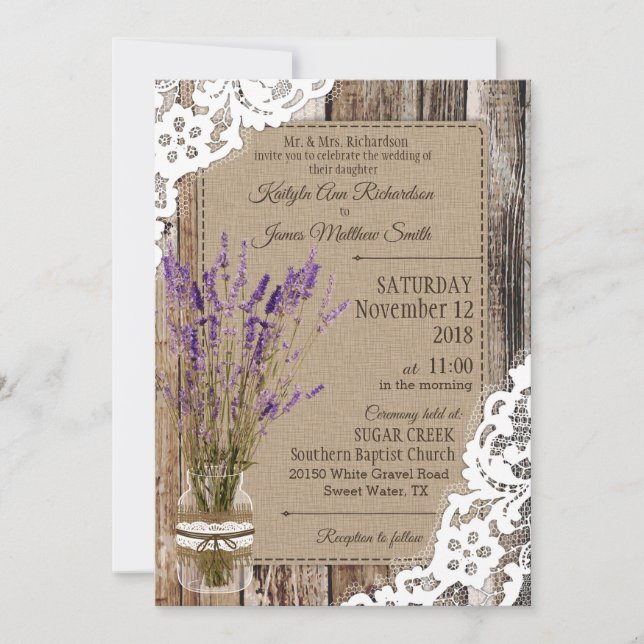Lavender Wood Lace Rustic Wedding Einladung (Vorderseite)