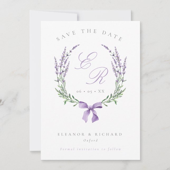 Lavender Wreath & Bow Monogram Wedding Foto Save The Date (Vorderseite)