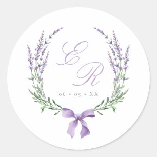Lavender Wreath & Bow Monogram Wedding Runder Aufkleber