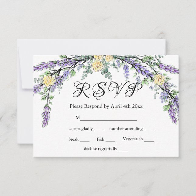 Lavender Yellow Rose und Eucalyptus RSVP Card (Vorderseite)