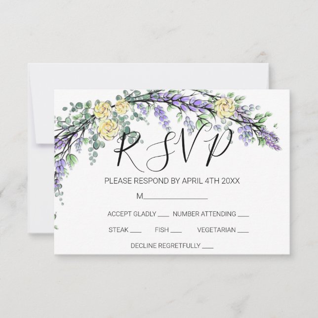 Lavender Yellow Rose und Eucalyptus RSVP Card (Vorderseite)