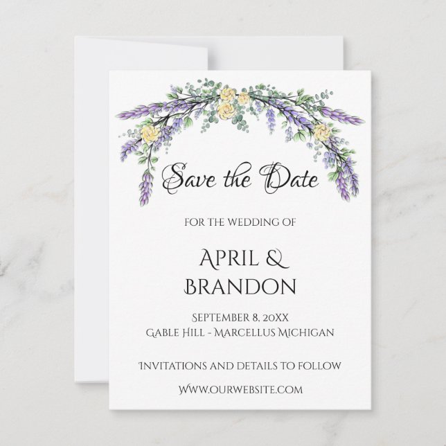 Lavender Yellow Rose und Eukalyptus Wedding Save The Date (Vorderseite)