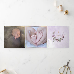 Lavendre Couronne de Feuillage Aquarelle, Bapteme Dreifach Gefaltete Einladung