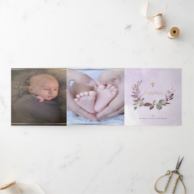 Lavendre Couronne de Feuillage Aquarelle, Bapteme Dreifach Gefaltete Einladung (Außenbereich)