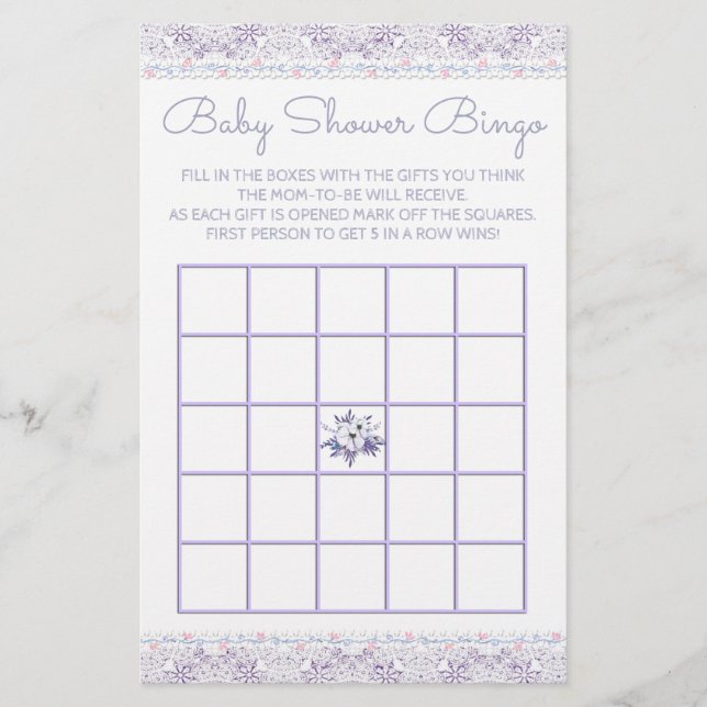 Lavener Lace Girl Babydusche Bingo Card (Vorderseite)
