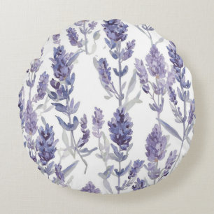 Lavenfelder   Lila Wasserfarben-Blumenmuster Rundes Kissen