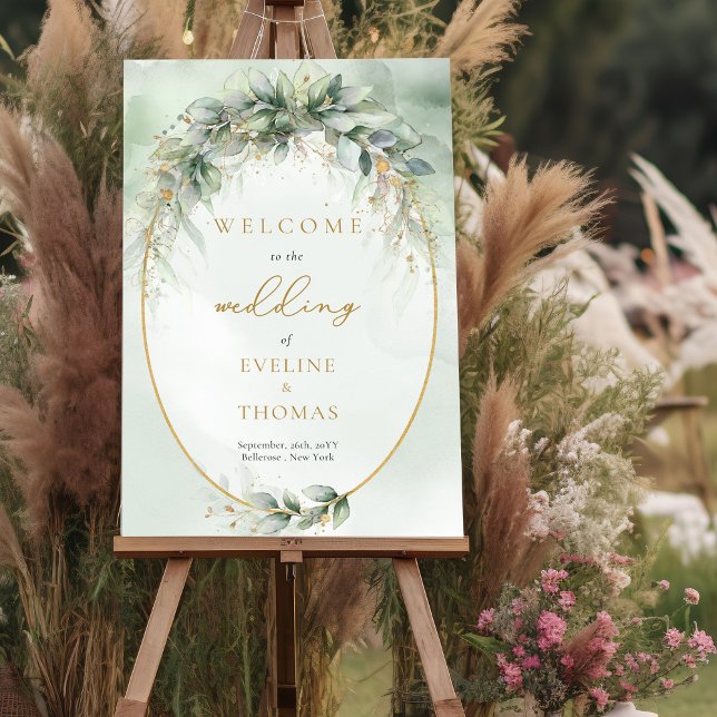 Lavische grüne Blattgold Rahmen Hochzeit Begrüßung Poster (Elegant boho eucalyptus greenery gold frame wedding welcome poster)