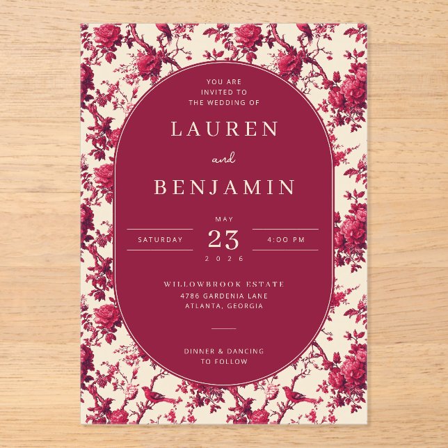 Lavish Crimson Blooms Wedding Acryleinladungen (Vorderseite)