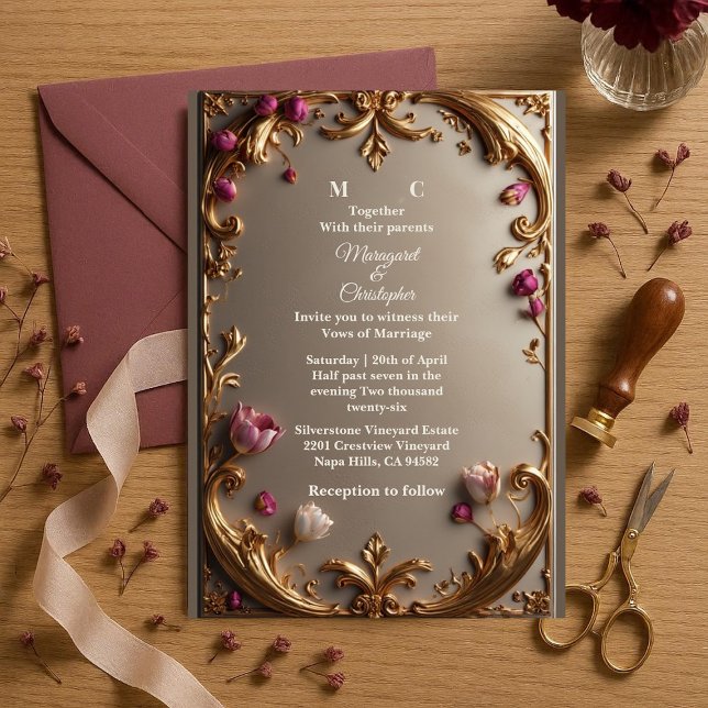 Lavish Mulberry Tulip Gold Baroque Opulent Wedding Einladung (Lavish Mulberry Tulip Gold Baroque Opulent Wedding Invitation)