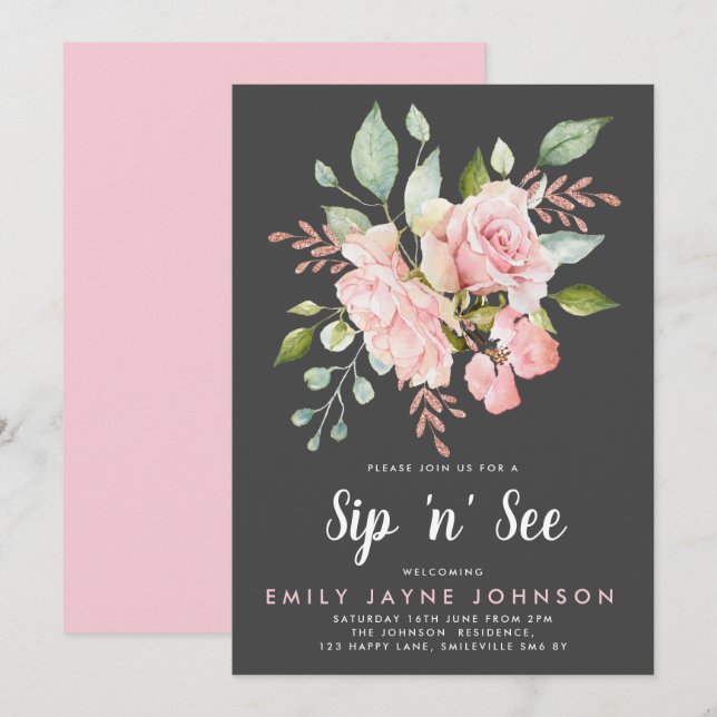 Lavish Pink Roses & Glitzer Sip und Siehe Einladung (Vorne/Hinten)
