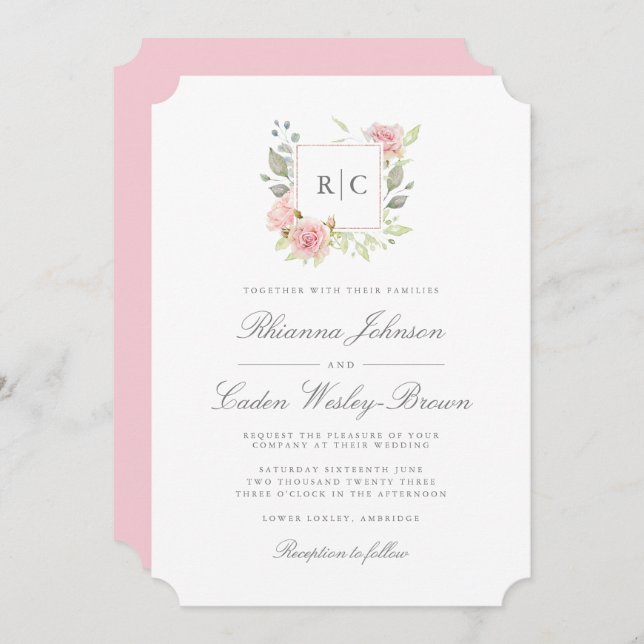 Lavish Pink Roses Monogram Frame Wedding Einladung (Vorne/Hinten)