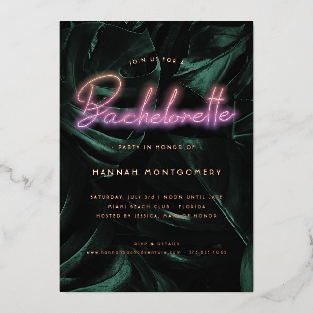 Lavish Tropical Palms | Neon Lights Bachelorette Folieneinladung (Vorderseite)