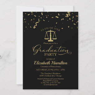 Law School Graduation Party Gold Confetti Black Einladung