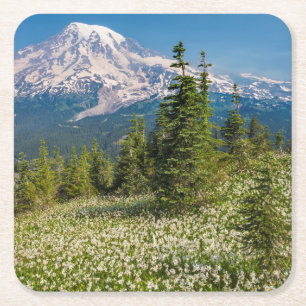 Lawinenlilien und Mount Rainier Rechteckiger Pappuntersetzer