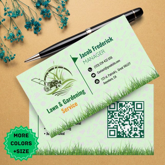 Lawn Care & Landscaping Business Card – Green & Wh Visitenkarte (Lawn Care & Landscaping Business Card – Black and Green Template with QR code )
