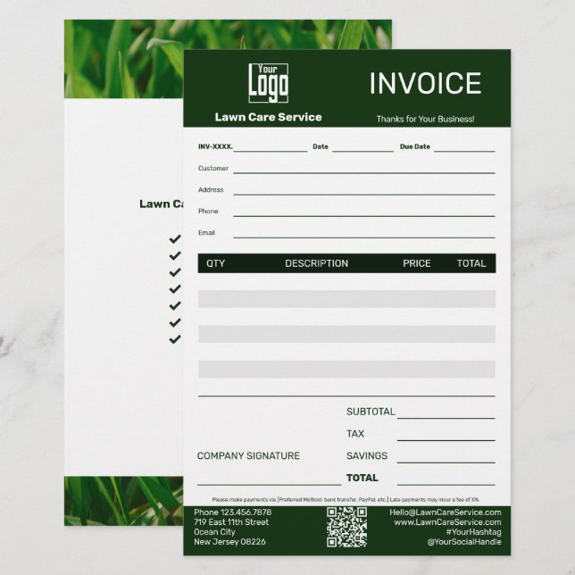 Lawn Care Service Business Invoice Briefpapier (Vorne/Hinten)