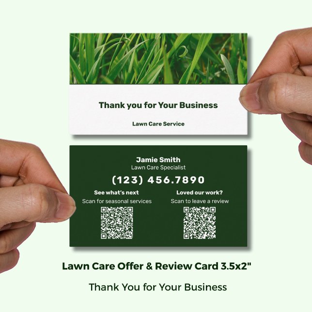 Lawn Care Service  Thank You & Review Combo Visitenkarte (Lawn Care Service Thank You & Review Combo Business Card; (US) Size 3.5x2 Inch Landscape Format)
