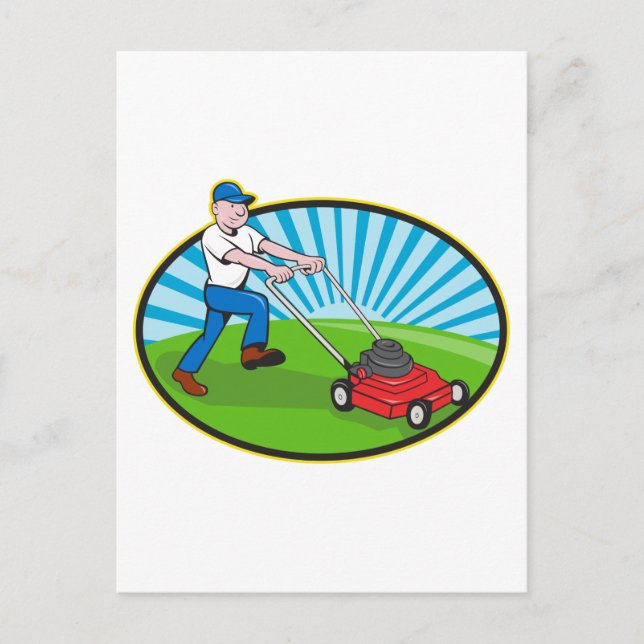 Lawn Mower Man Gardener Cartoon Postkarte (Vorderseite)